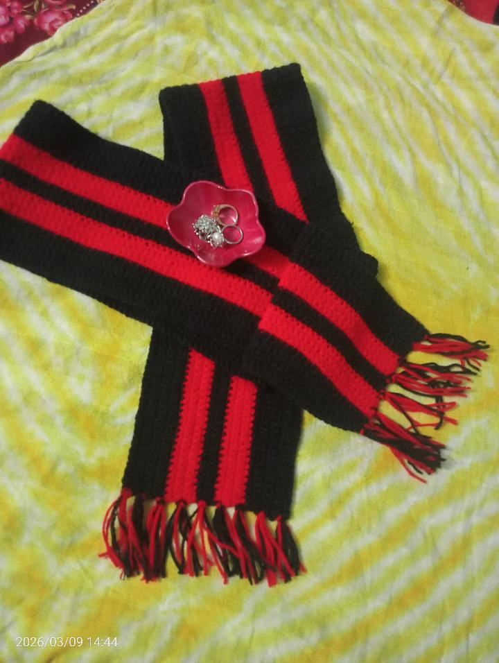 Hand-Knitted Red & Black Striped Muffler/Warmer Set