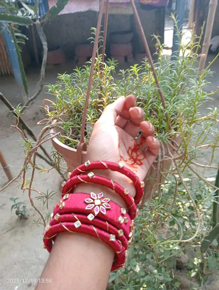 Red Silk Thread Bangle Set with Floral Center
